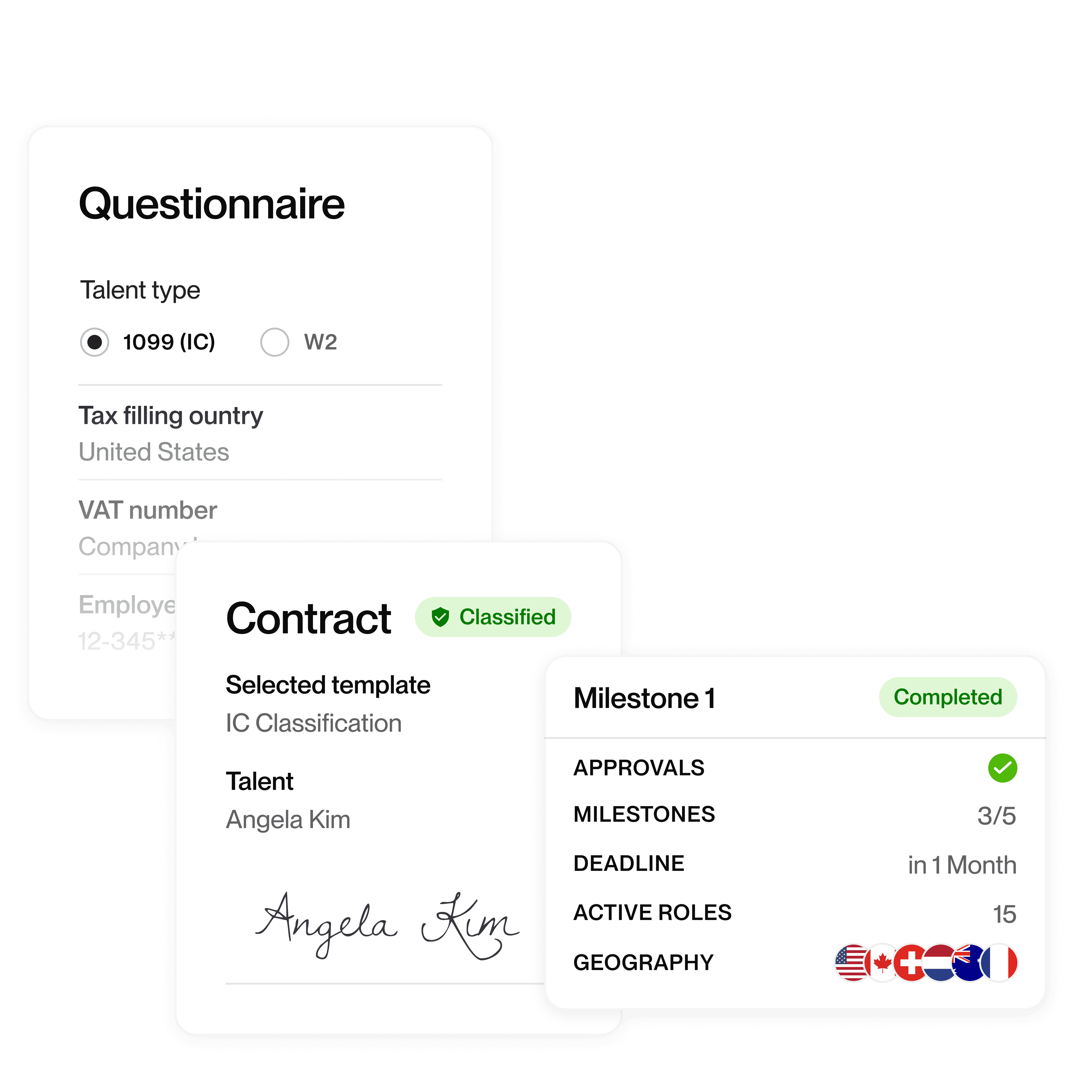 Screenshot of a digital questionnaire and contact information summary, including status and notes.