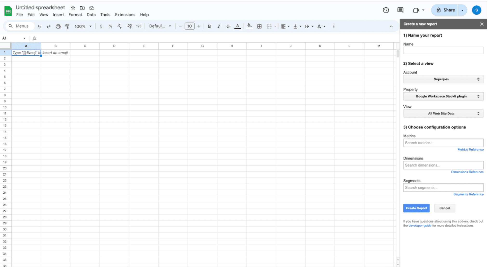 selecting metrics, dimensions, and date ranges.