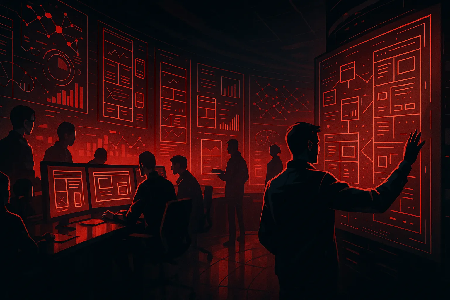 Digital Marketing Agency RockN' Socials team analyzing data in a red-lit room.