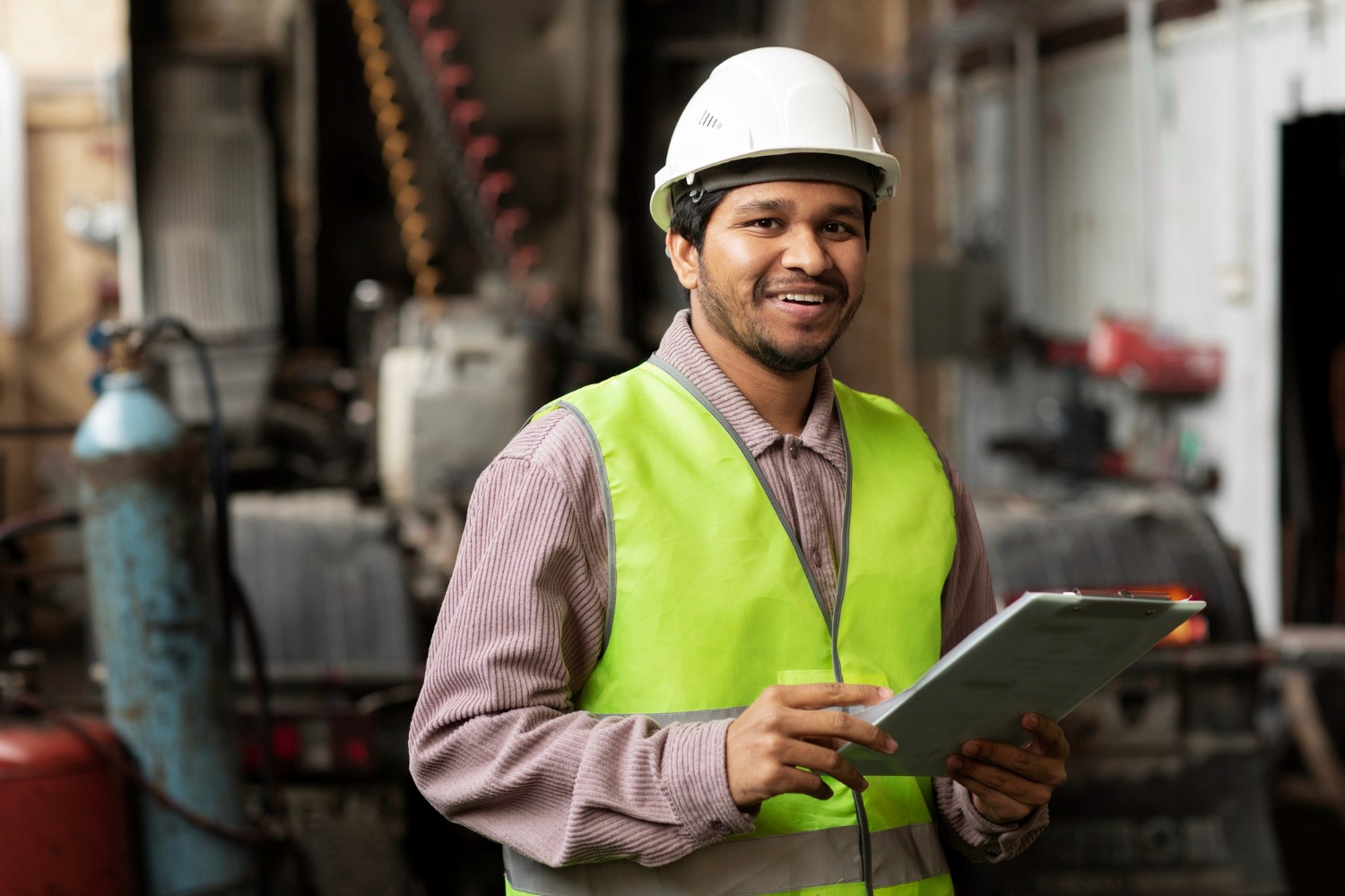 An Indian Engineer in reflective jakcet & helmet holding a clipboard.
