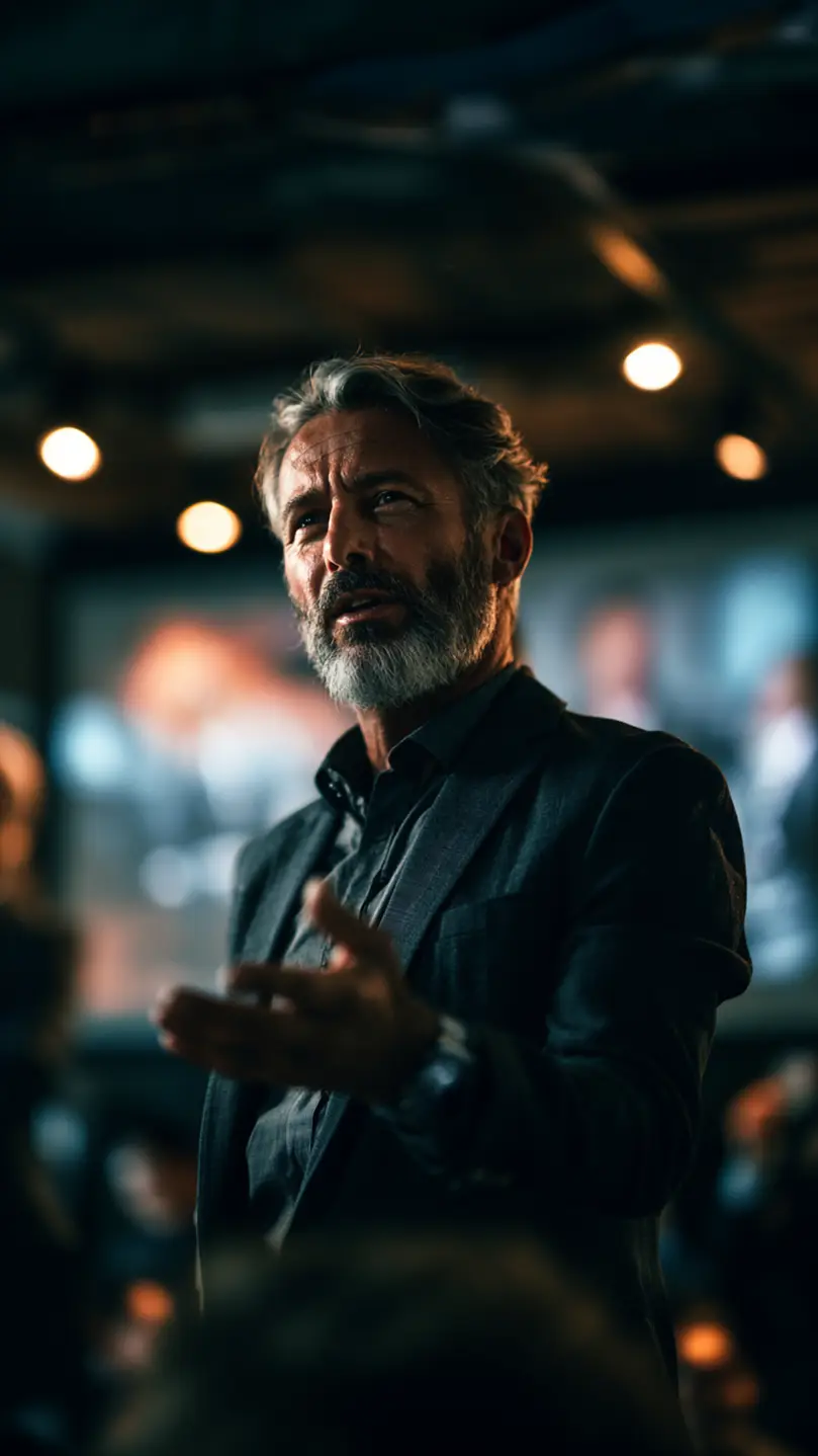 Middle aged executive delivering a keynote speech