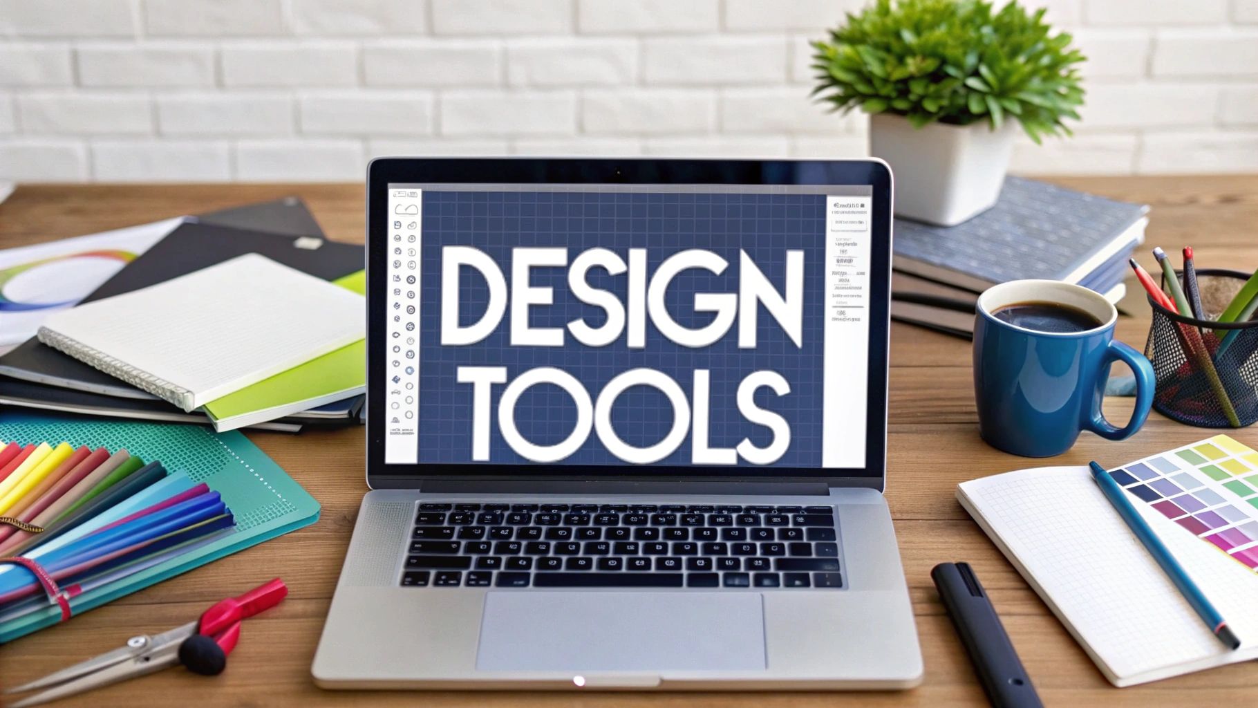 Laptop on a desk displaying the words "DESIGN TOOLS" on screen, surrounded by colorful stationery, notebooks, a color palette, a coffee mug, and a small potted plant in a creative workspace