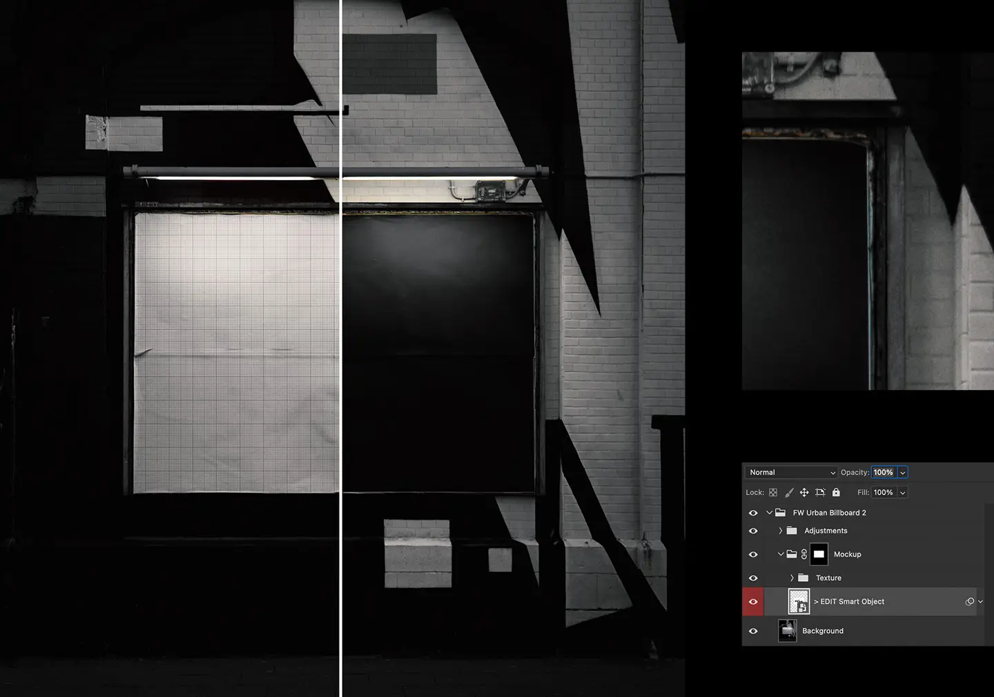 Urban billboard mockup Photoshop smart object layer for easy poster editing