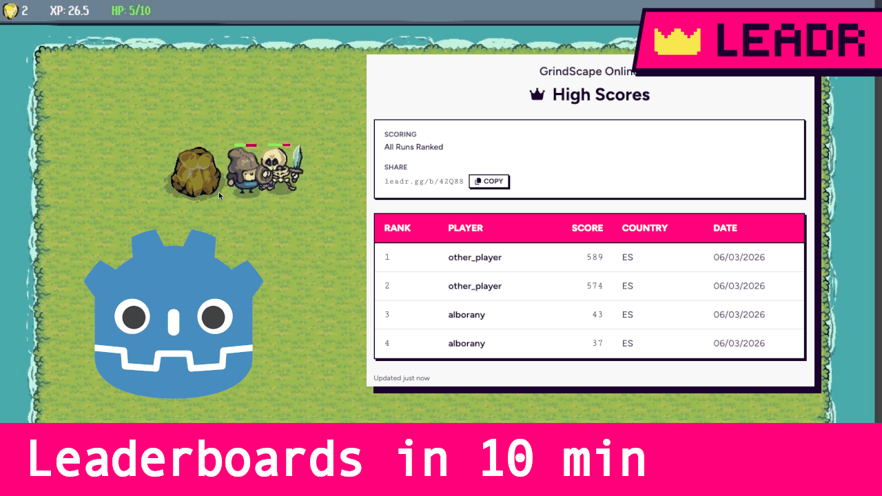 A video thumbnail showing "Leaderboards in 10 min" text overlayed on a preview of a game with leaderboard