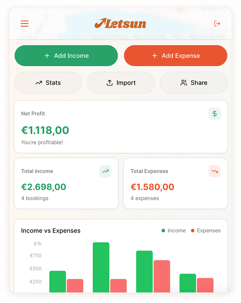 Letsun short term rental property management app on desktop and mobile for Airbnb income tracking, expense management and profit analytics.