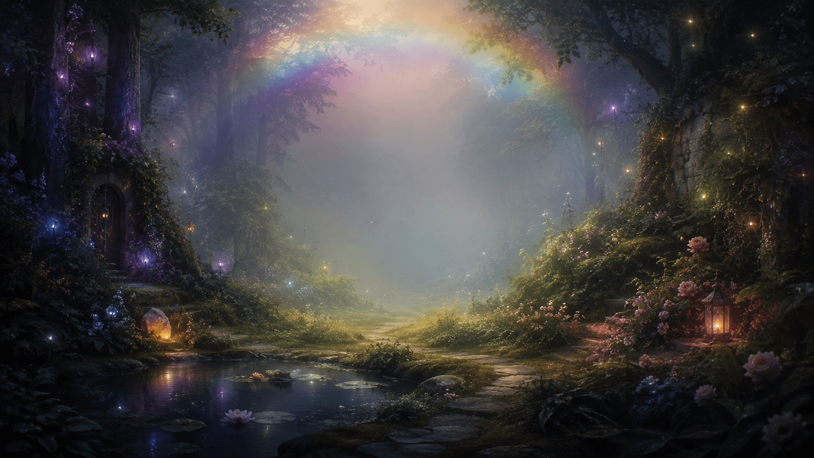 Misty enchanted forest with soft pastel light filtering through the trees.