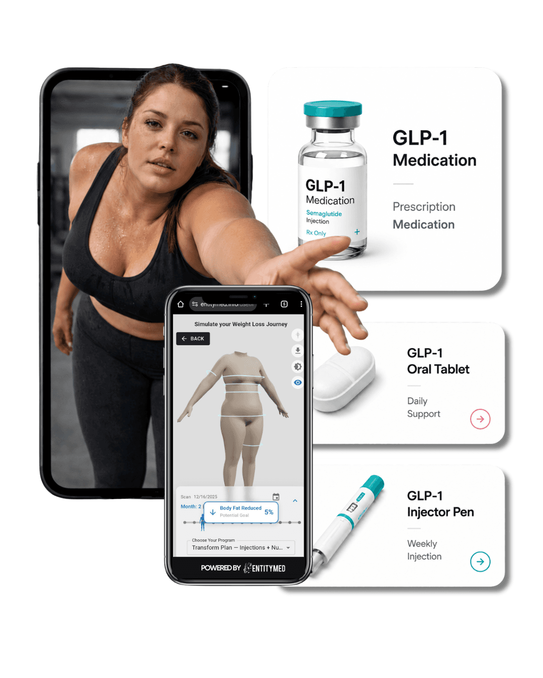 eMI branding beside a woman carrying a smartphone displaying the AI body visualization tool and GLP-1 options.