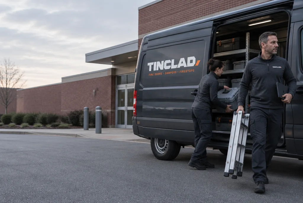 Two Tinclad technicians unloading the service van at a healthcare building