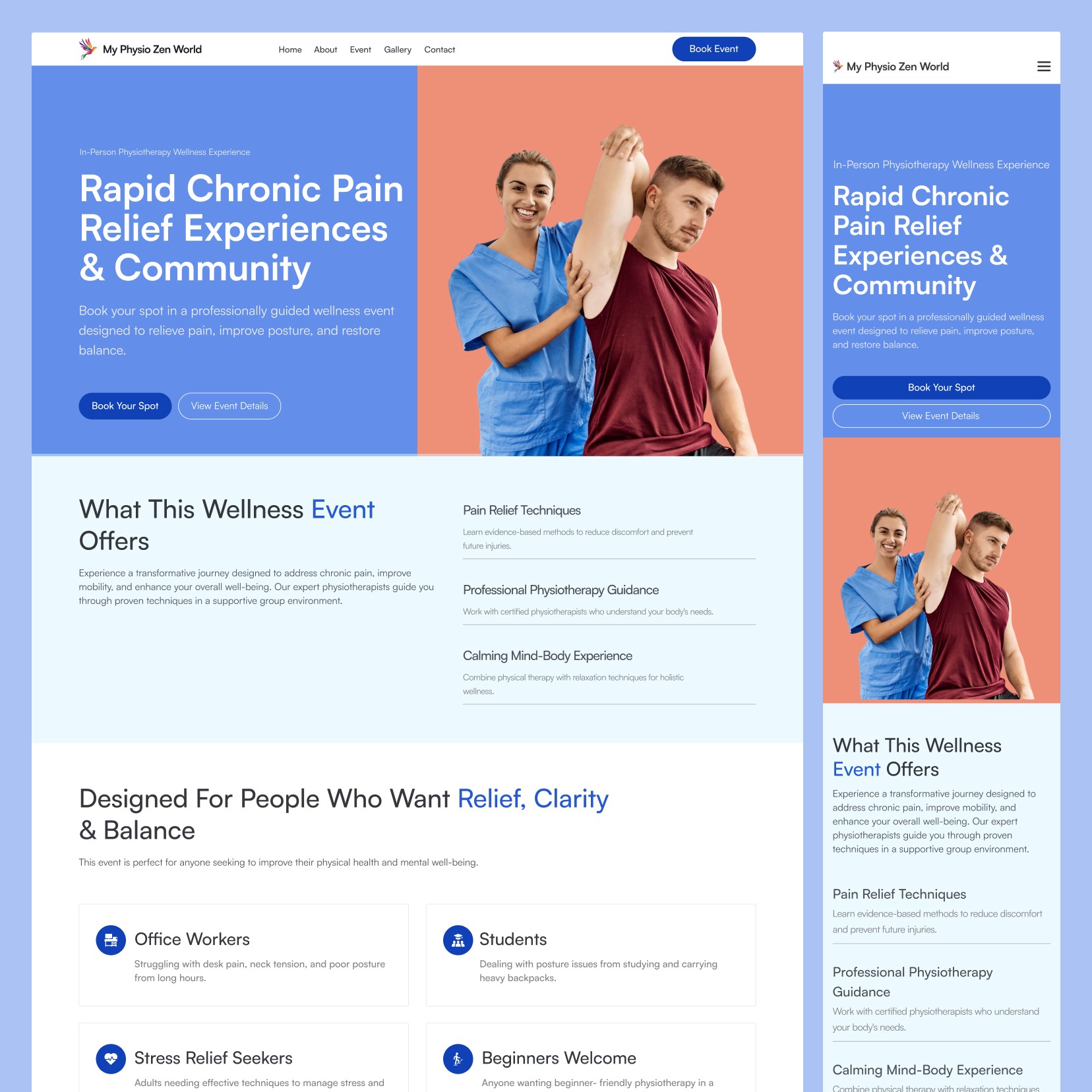 Responsive mobile UI design for a holistic physical therapy and wellness website — mind-body healthcare platform designed in Figma