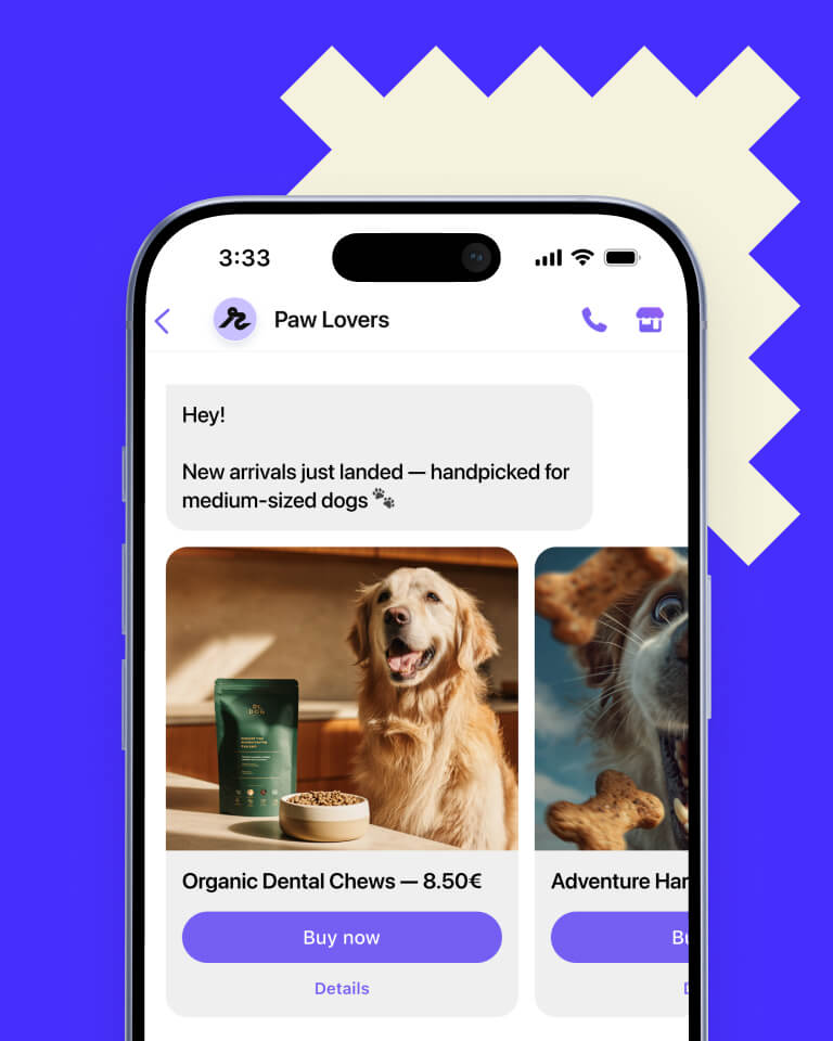 Viber messaging campaign showcasing a personalized message from a pet e-commerce store.