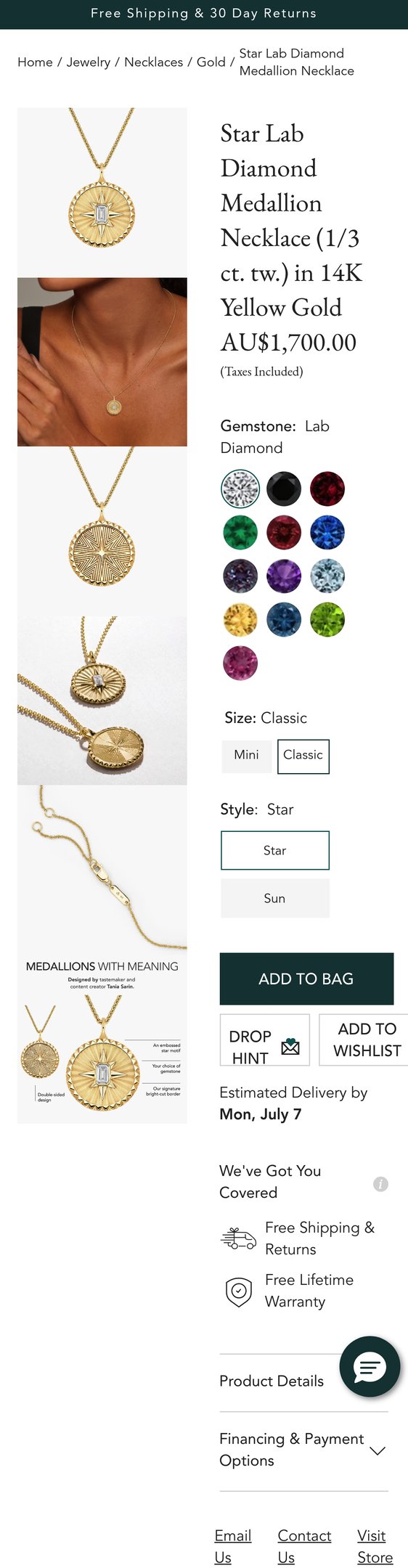 Jewelry product options include:  for 14K Yellow Gold Star Lab Diamond Medallion Necklace (1/3 ct. tw.) from Brilliant Earth.