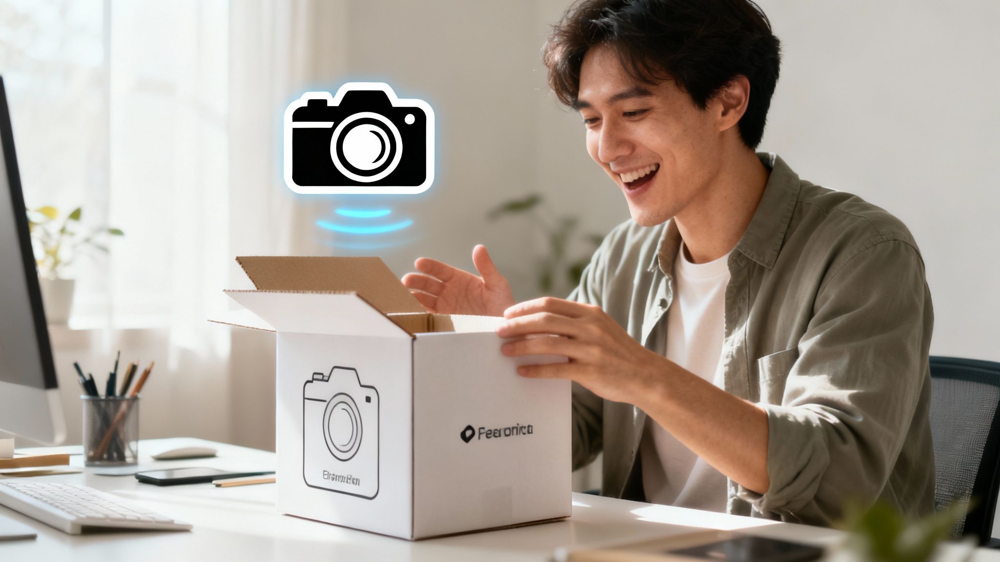 A content creator enthusiastically unboxing a beautifully packaged product, with natural light filling the room