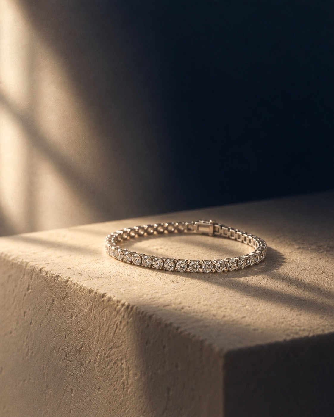 Diamond tennis bracelet on a plaster block in window light