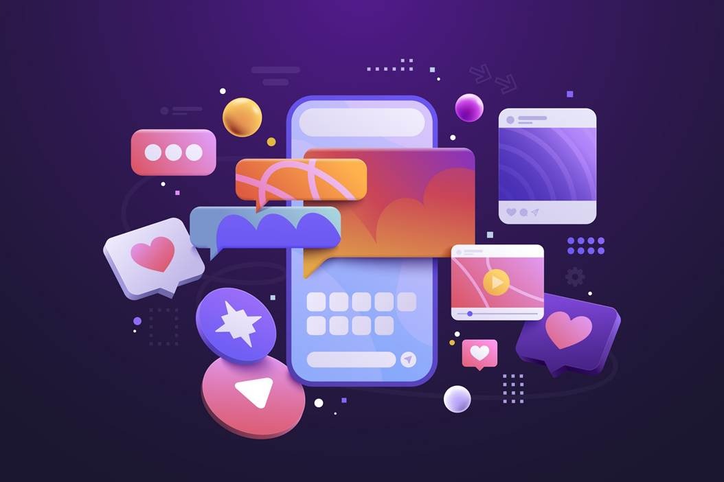 3D illustration of a smartphone surrounded by social media icons, hearts, video, and chat bubbles representing multi-platform creator content