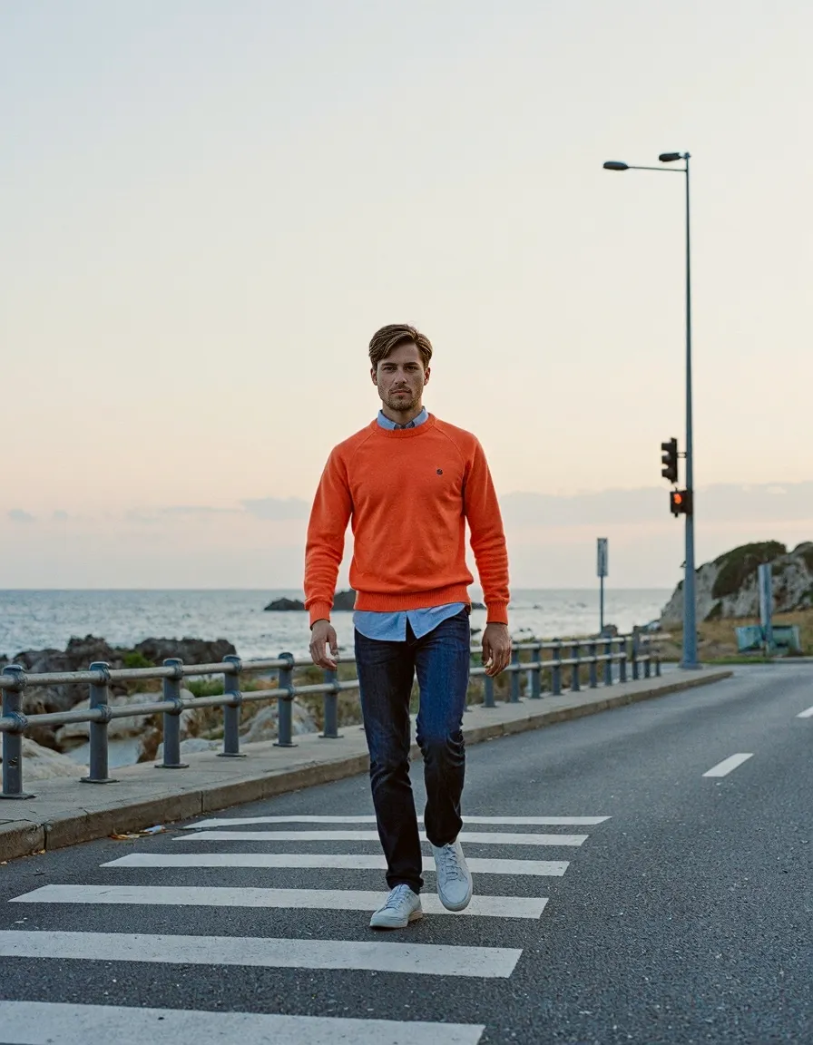 Person walking across coastal street crossing in bright orange sweater and jeans at dusk, ocean visible in background