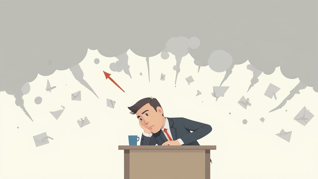 A man looks overwhelmed and bored at his desk as mail and papers fall from storm clouds.