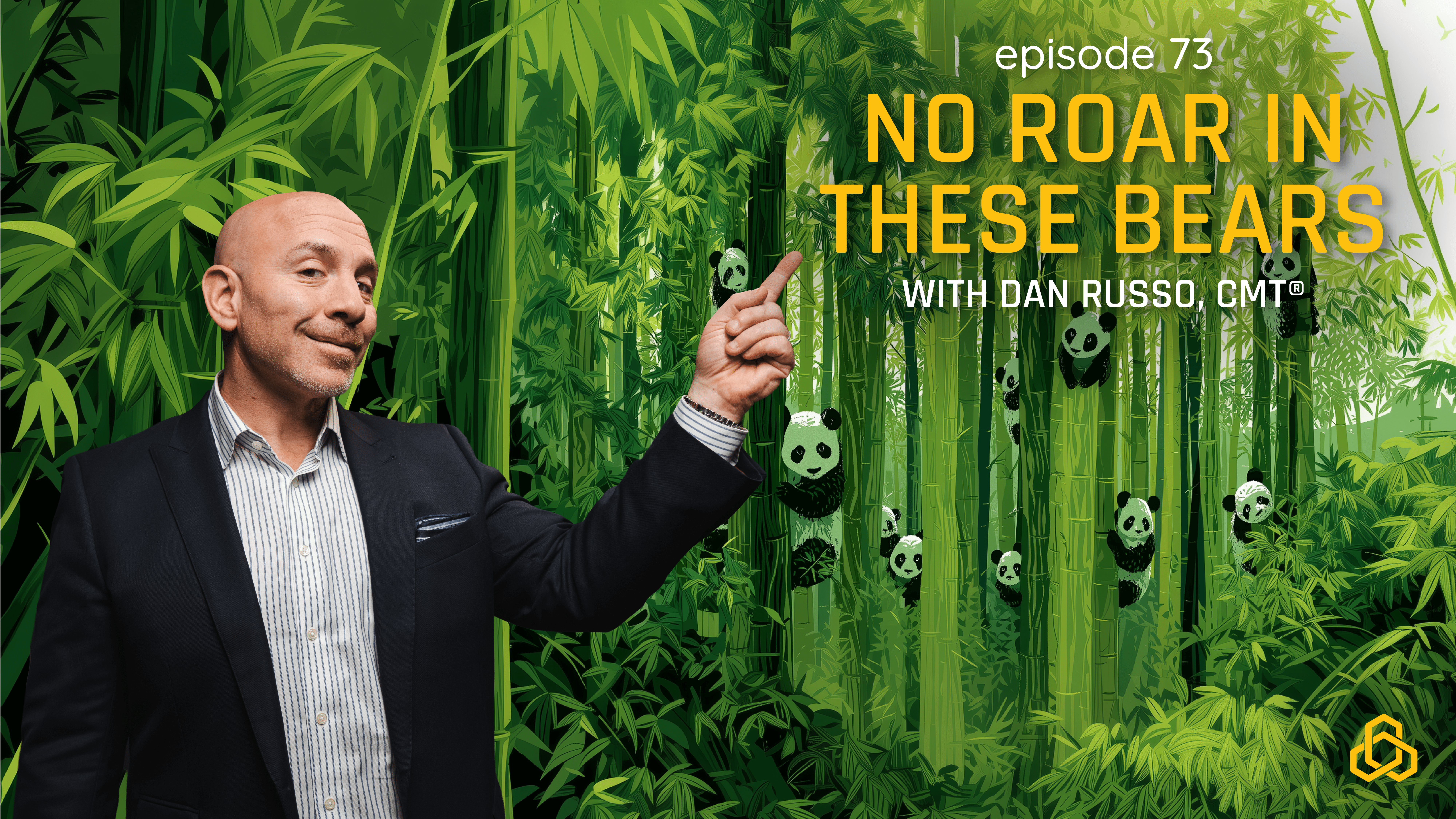 Graphic for episode 73 of Who Charted, titled "No Roar In These Bears" featuring Dan Russo, CMT. A smiling man in a suit jacket points toward an illustrated bamboo forest filled with small panda bears.
