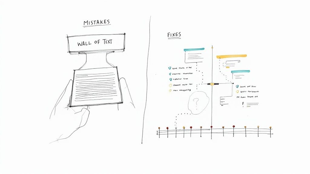 A hand-drawn image contrasting the mistake of a 'wall of text' with visual, organized 'fixes' for presenting information.