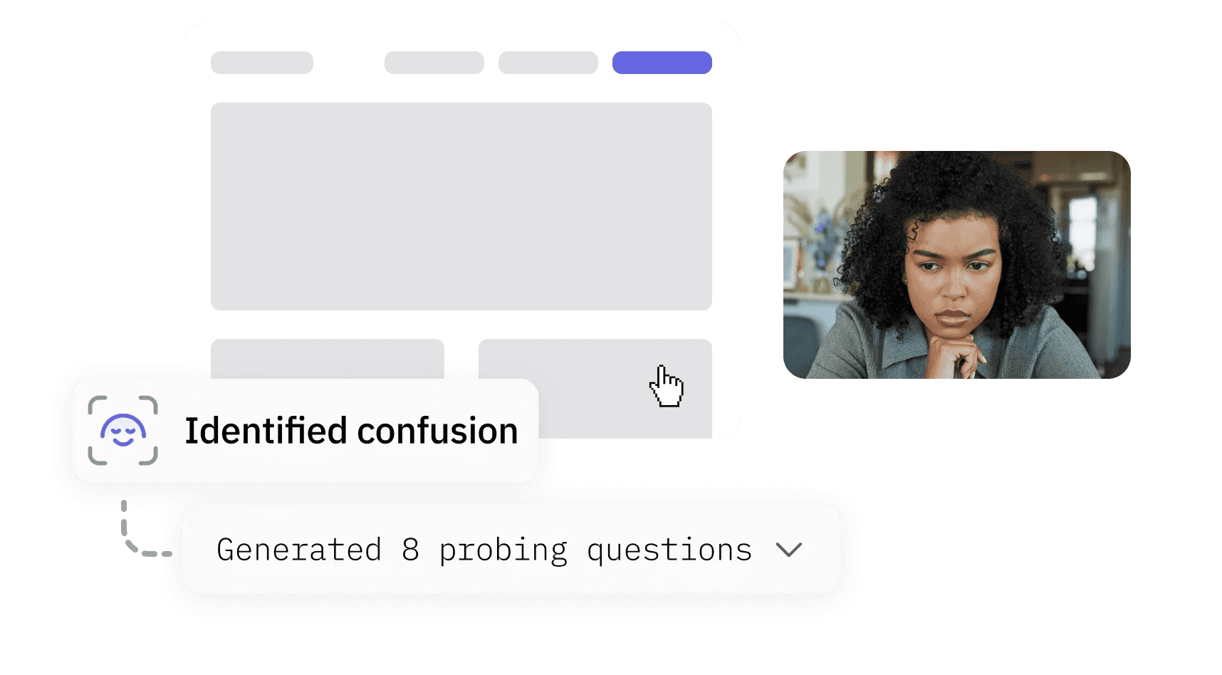 Interface showing AI identifying user confusion from facial expression and generating probing follow-up questions