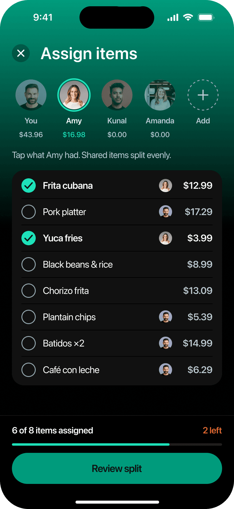 Assign items, Amy selected, 7 taps in