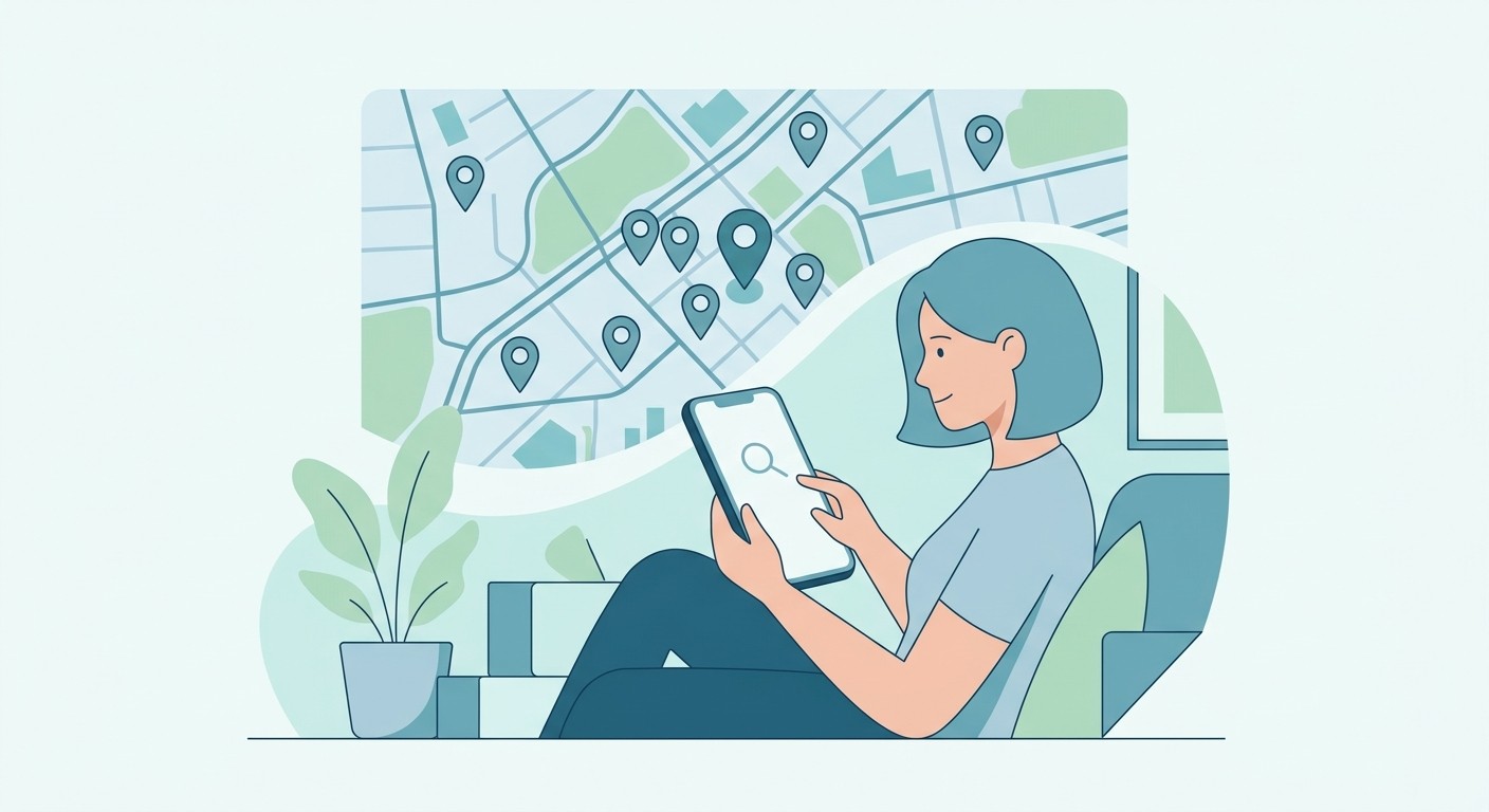 Client searching for a local therapist on a phone with map results
