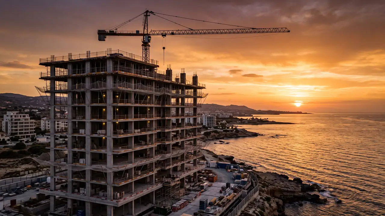 Residential tower under construction on the Cyprus coast at sunset, pre-sale marketing Cyprus by TERAMOK