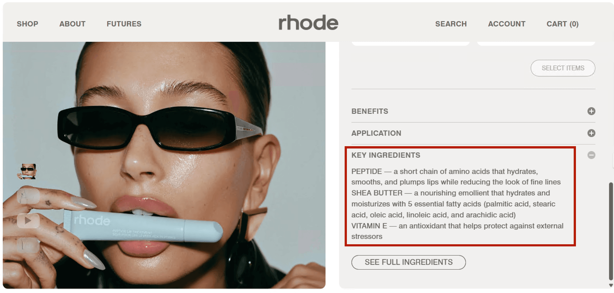 Hailey Bieber for Rhode Skincare wearing sunglasses and holding a Peptide Lip Treatment tube.