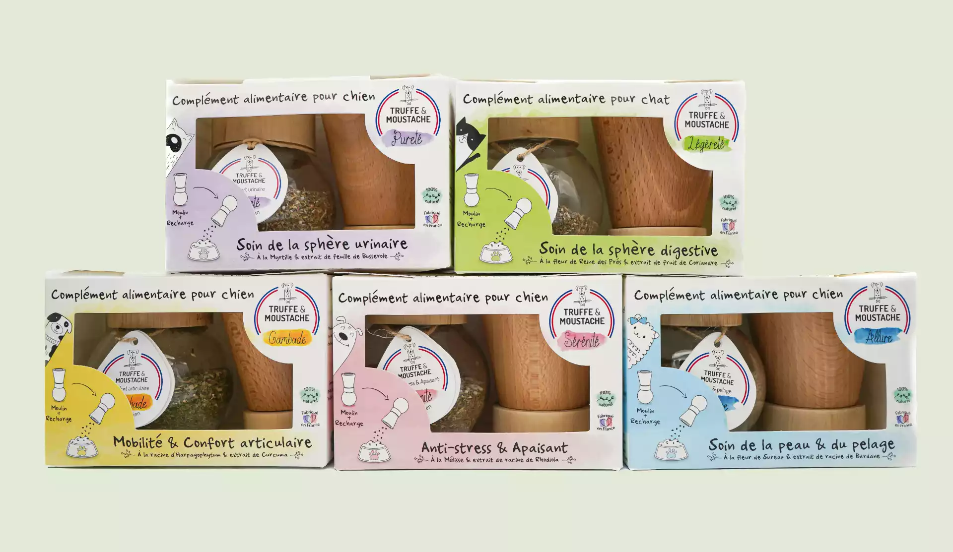 Packaging produits Truffe et Moustache, compléments alimentaires naturels pour chiens et chats
