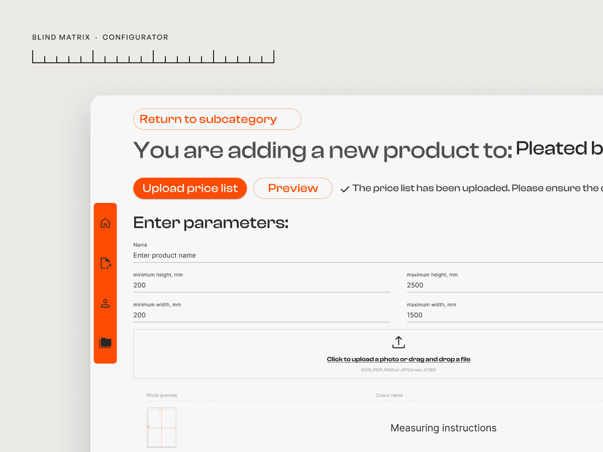 Blind Matrix — Configurator add-product screen on grey