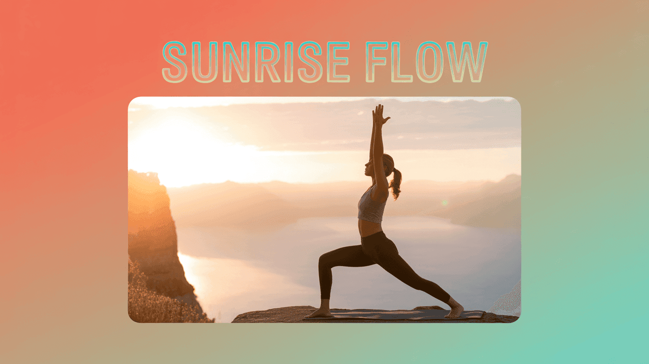 Sunrise Yoga Flow Thumbnail Template featuring yoga instructor in warrior pose on cliff at sunrise, sun rays and soft mist