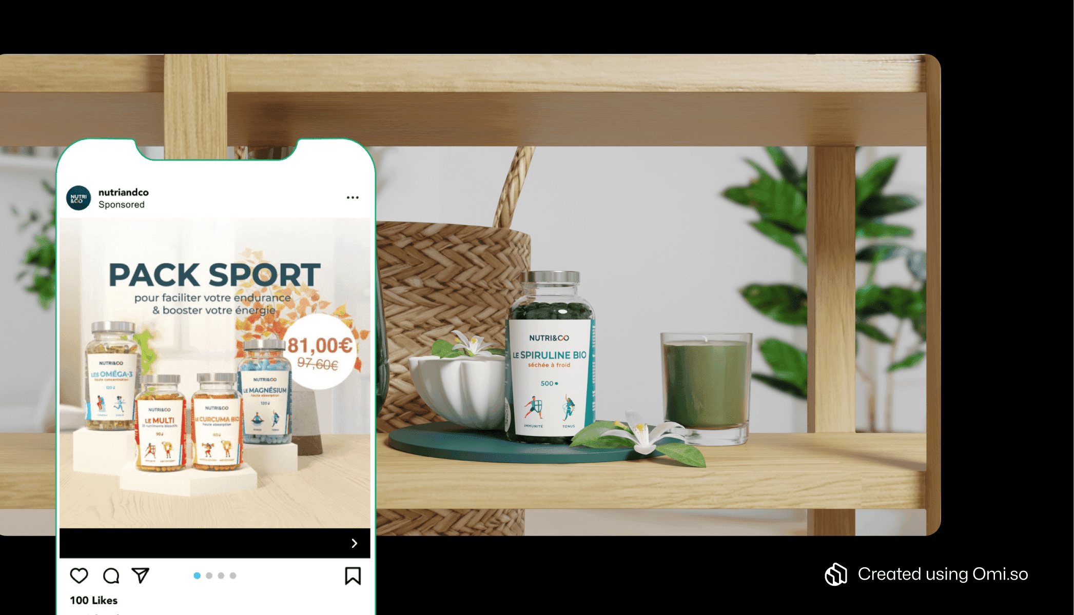 Lifestyle shot of Nutri&Co Spirulina supplement bottle and Instagram image of supplement bottles