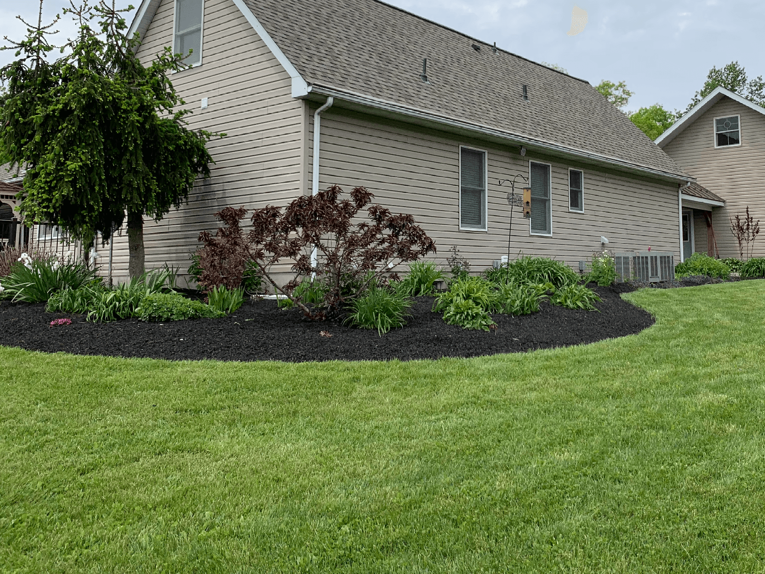 House after grass was cut and mulch was installed