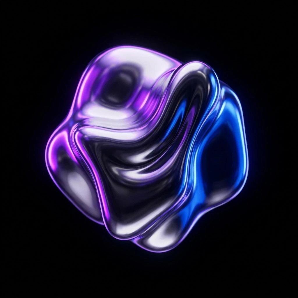 Liquid chrome sculpture reflecting violet light