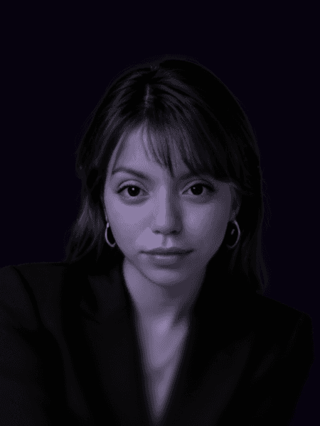 Professional portrait of person on a modern purple gradient background, business headshot for digital branding and team profile.