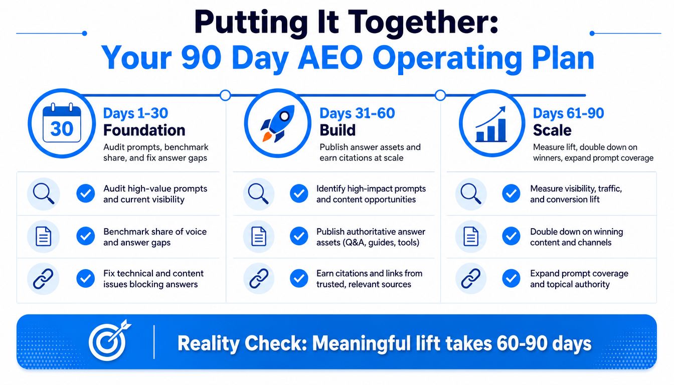 A 90-day AEO operating plan infographic broken down into foundation, build, and scale phases.