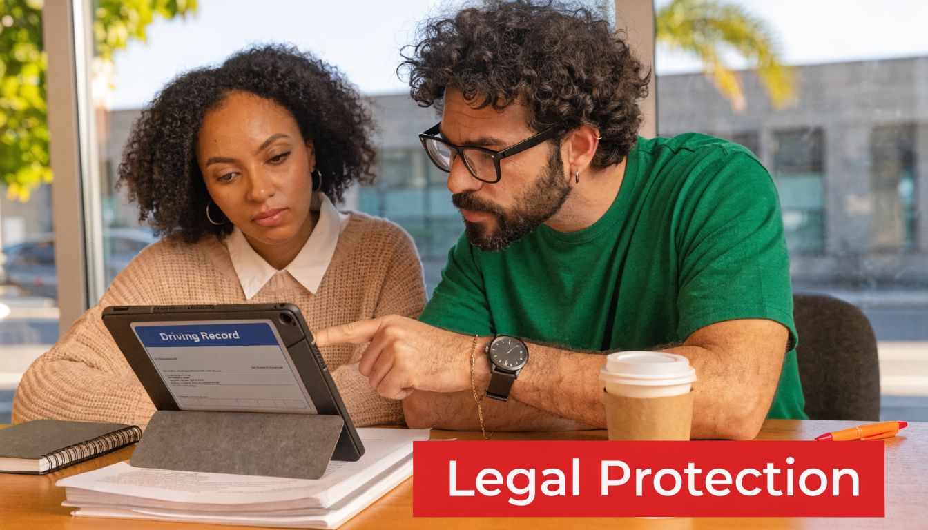 A man and a woman sitting together at a desk reviewing a digital driving record on a tablet.