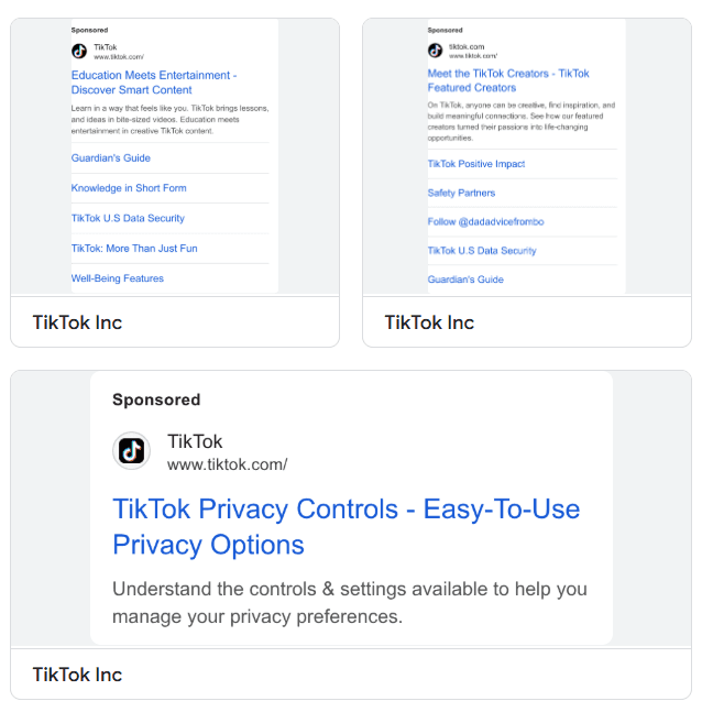 Three TikTok ads focus on education, creators, and privacy controls. Each has a brief description with varying links, promoting the app's features.