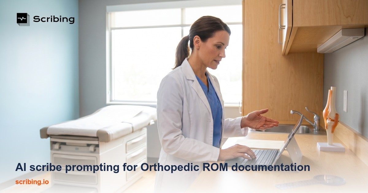 Orthopedic consultation room with goniometer and clinical documentation on screen representing AI scribe ROM documentation workflow