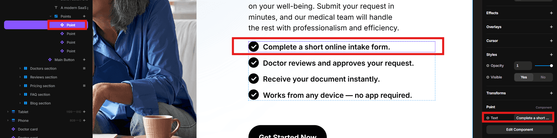 Editing supporting point text in the Starmedica content section