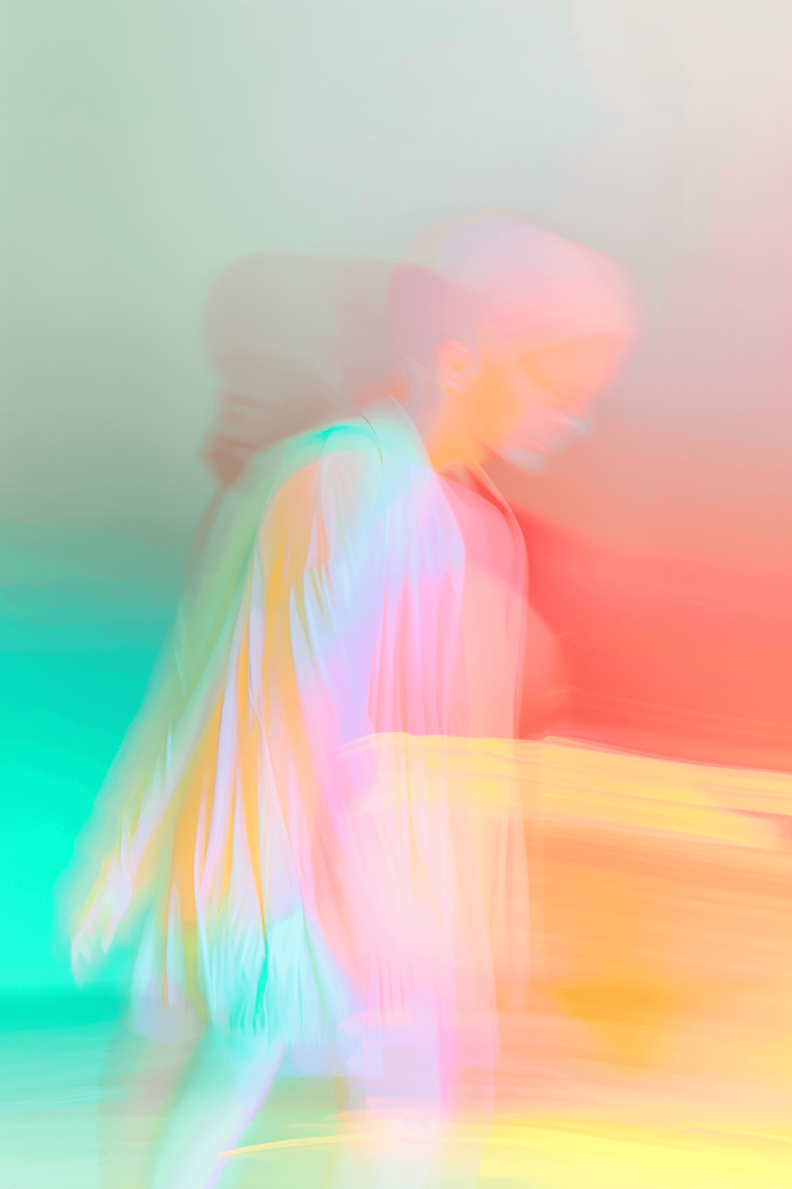 Abstract motion blur with teal and warm tones, energetic and colorful.