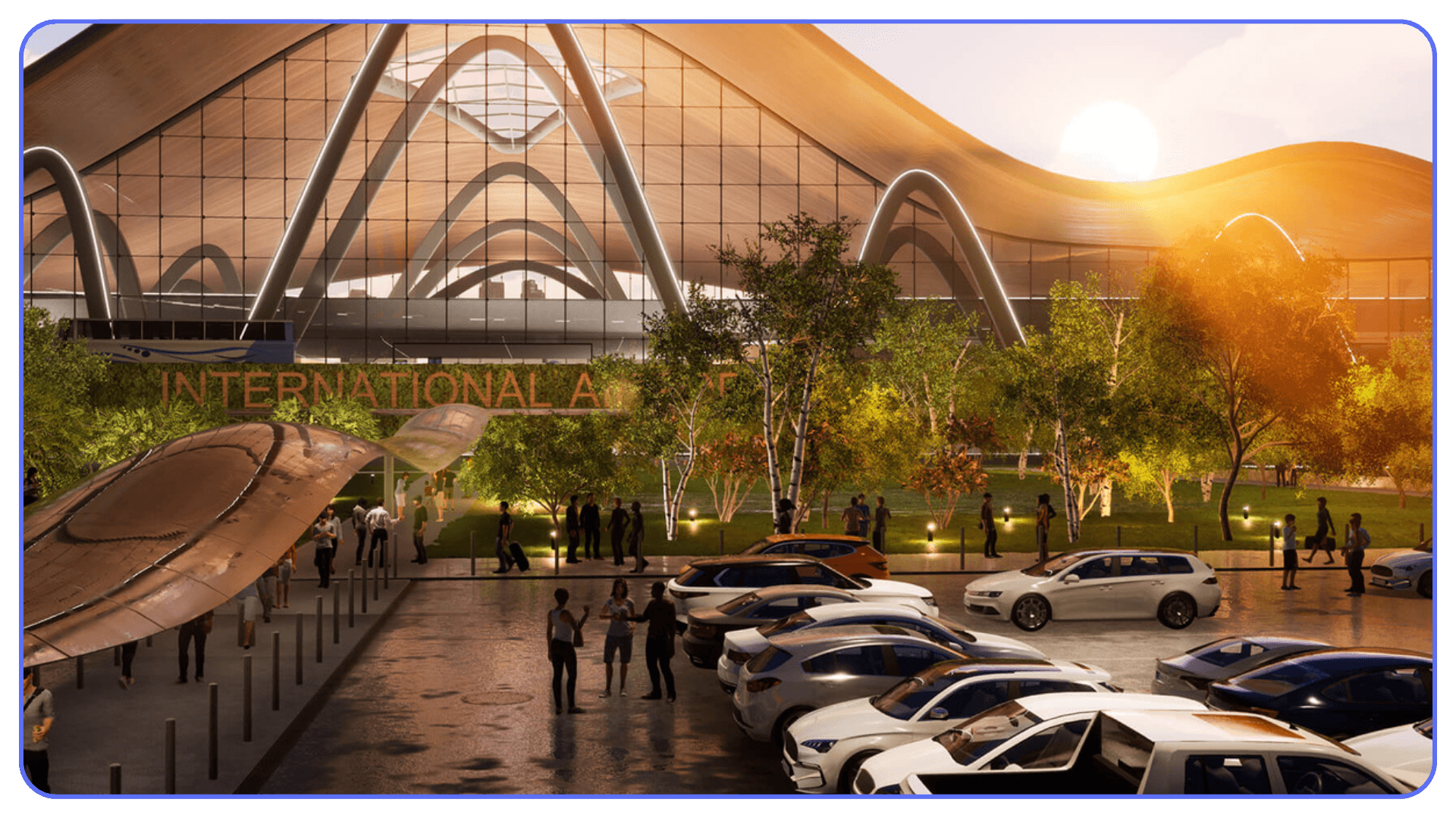 A large, modern airport building with sweeping curved rooflines, glass façade, landscaped greenery, and a busy parking area at sunset.