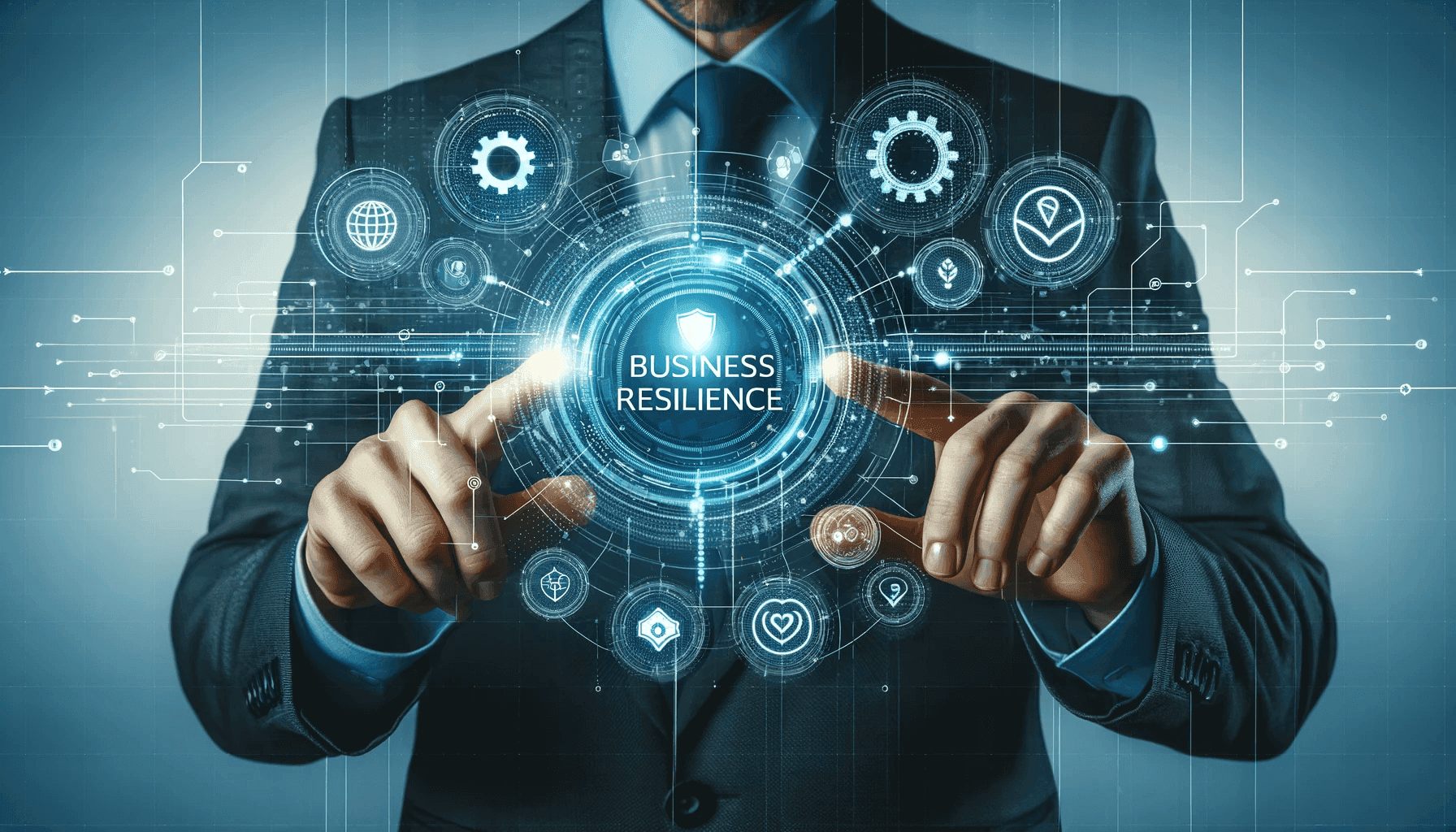 Geschäftsmann berührt ein leuchtendes Business-Resilience-Symbol inmitten digitaler Icons, Grundlage im Umgang mit Rückbuchungen.