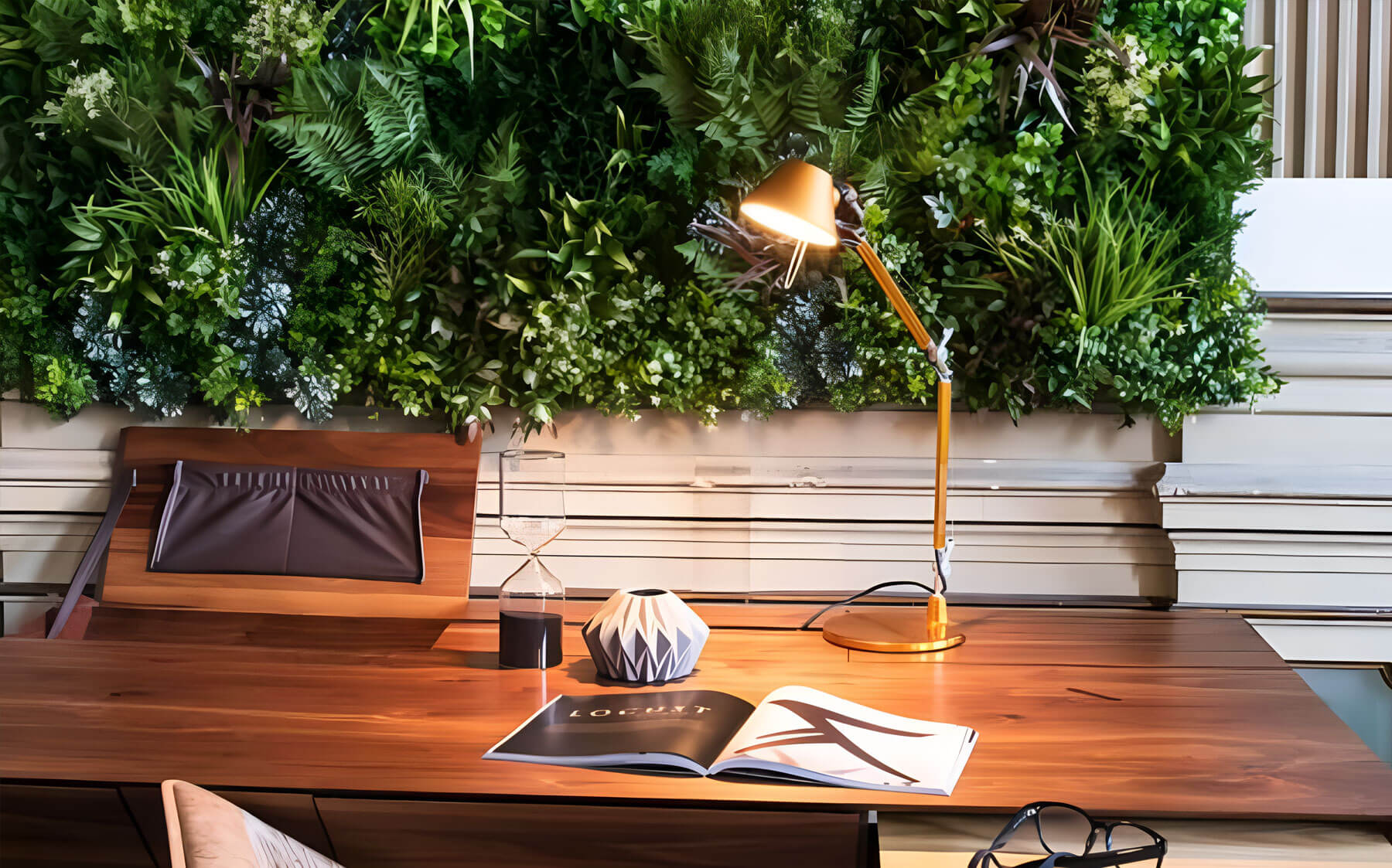A cozy home office with a VistaFolia Artificial Green Wall behind a worn wooden desk with a bright brass lamp.