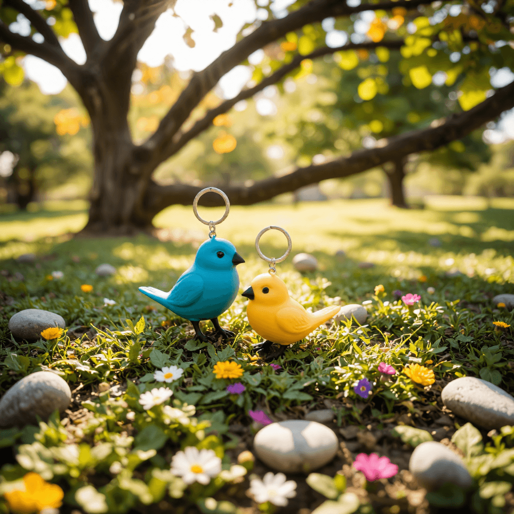 product photography of bird-shaped keychains