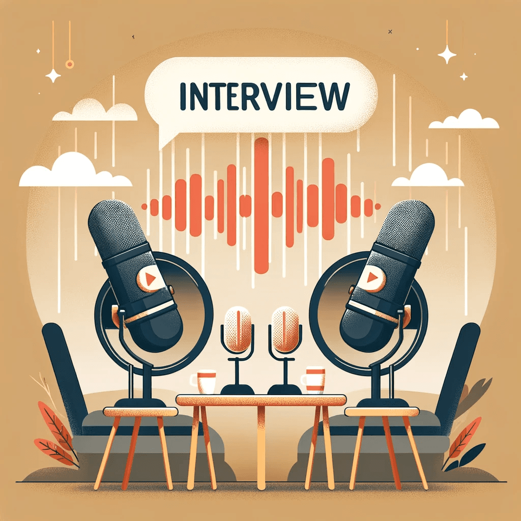 Two microphones on two chairs with a table in between; the word 'interview' is written above the two microphones