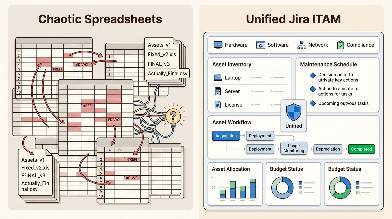 Transitioning from manual spreadsheets to a native Jira ITAM tool centralizes data, reducing fragmentation and costly errors for IT teams.