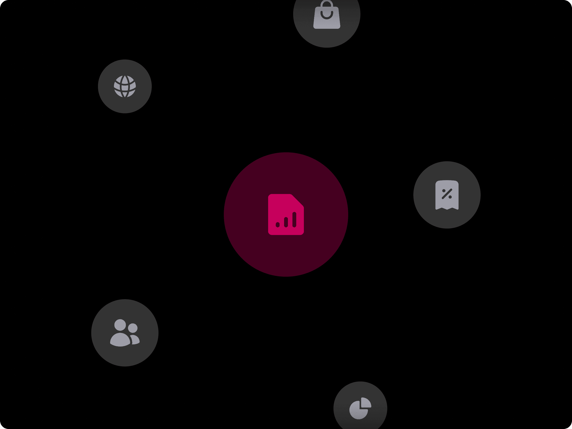 На черном фоне в центре изображена розовая иконка в виде документа с диаграммой, окруженная серыми иконками: глобус, сумка для покупок, группа, закладка и круговая диаграмма.