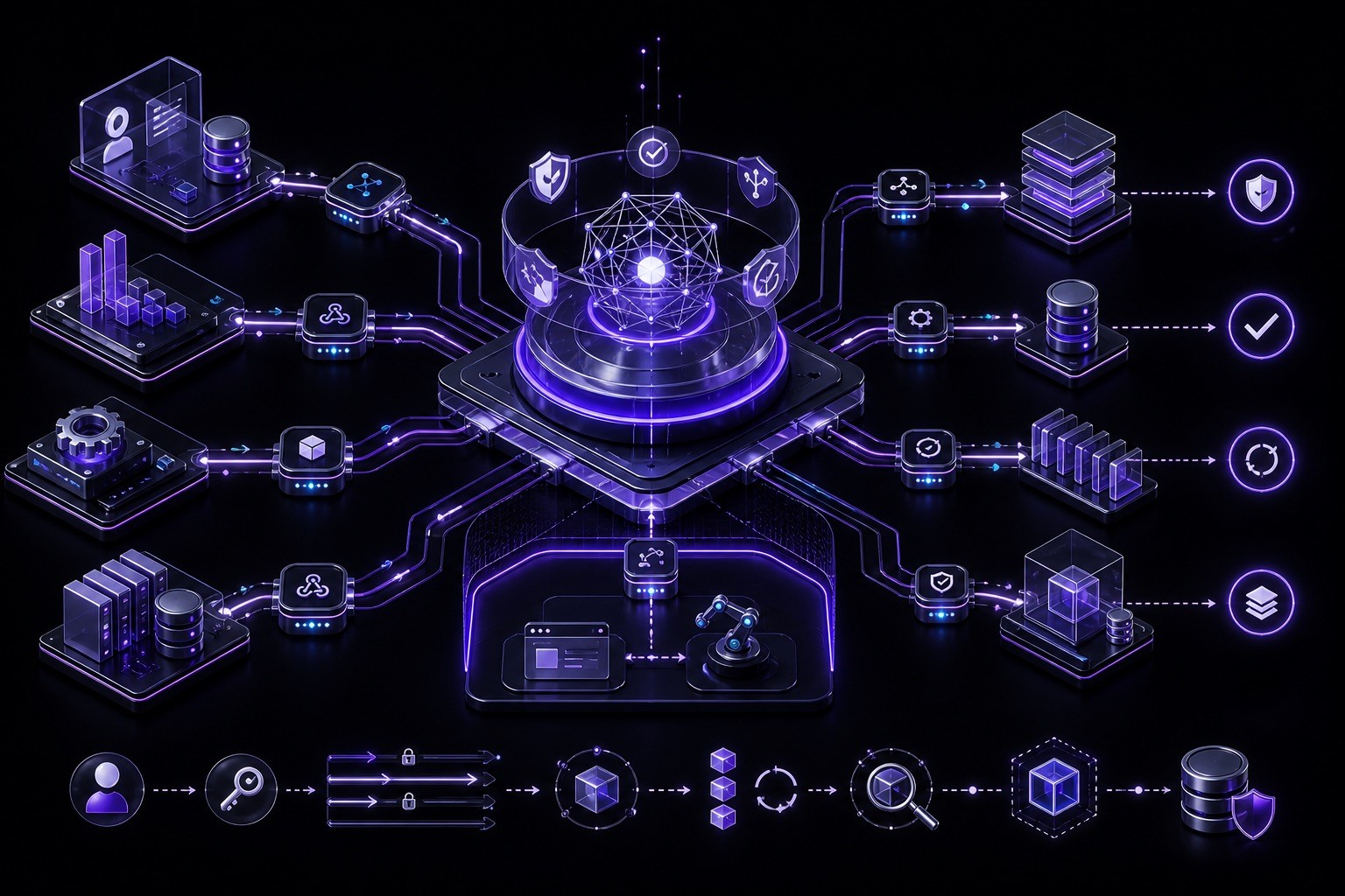 Enterprise AI agent integration hub connecting CRM, ERP, help desk, internal APIs, event streams, and approval services.