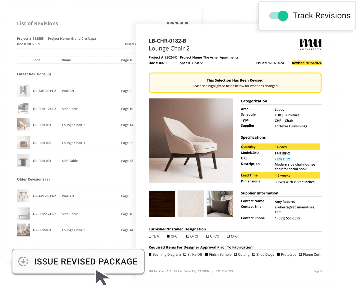 Graphic depicting a thoroughly detailed spec package with a detailed spec sheet and list of revisions including highlighted revision fields.