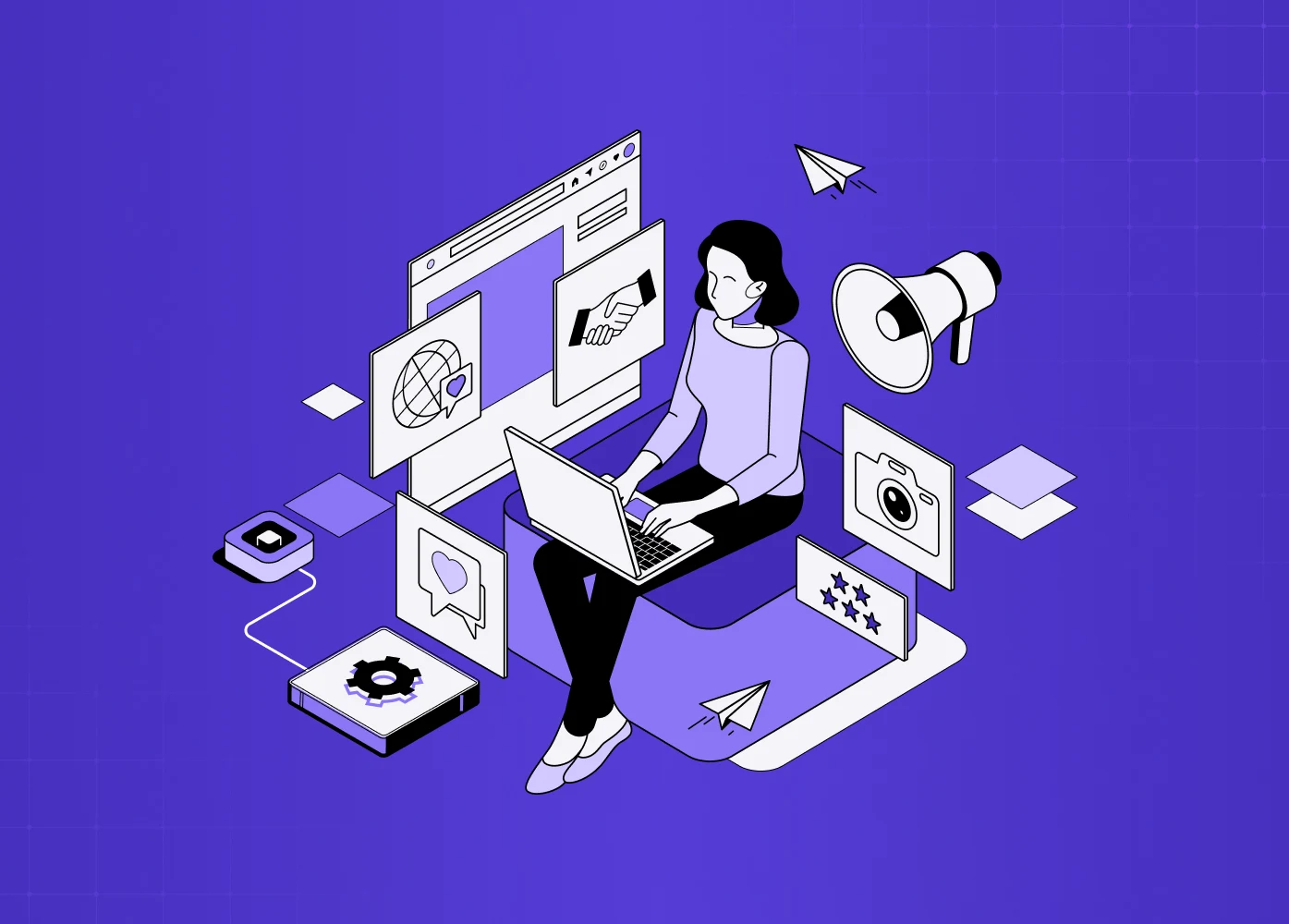 Isometric illustration of a person working on a laptop surrounded by digital elements like chat, media, settings, and communication tools.